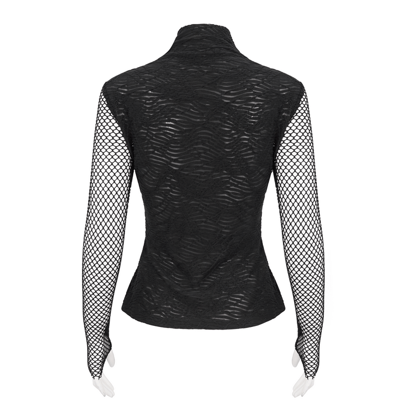 Back view of punk skull drawstring top with net detailed gothic thumb hole sleeves in black.