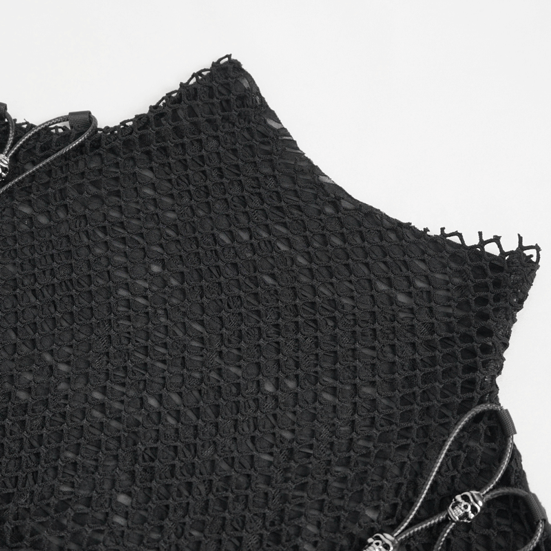 Black net fabric close-up featuring punk skull drawstring details for edgy gothic style.