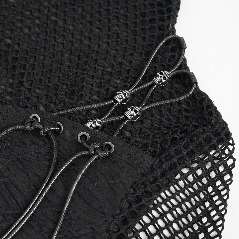 Close-up of punk skull drawstring top with net details, featuring gothic thumb hole sleeves and trendy skull beads.