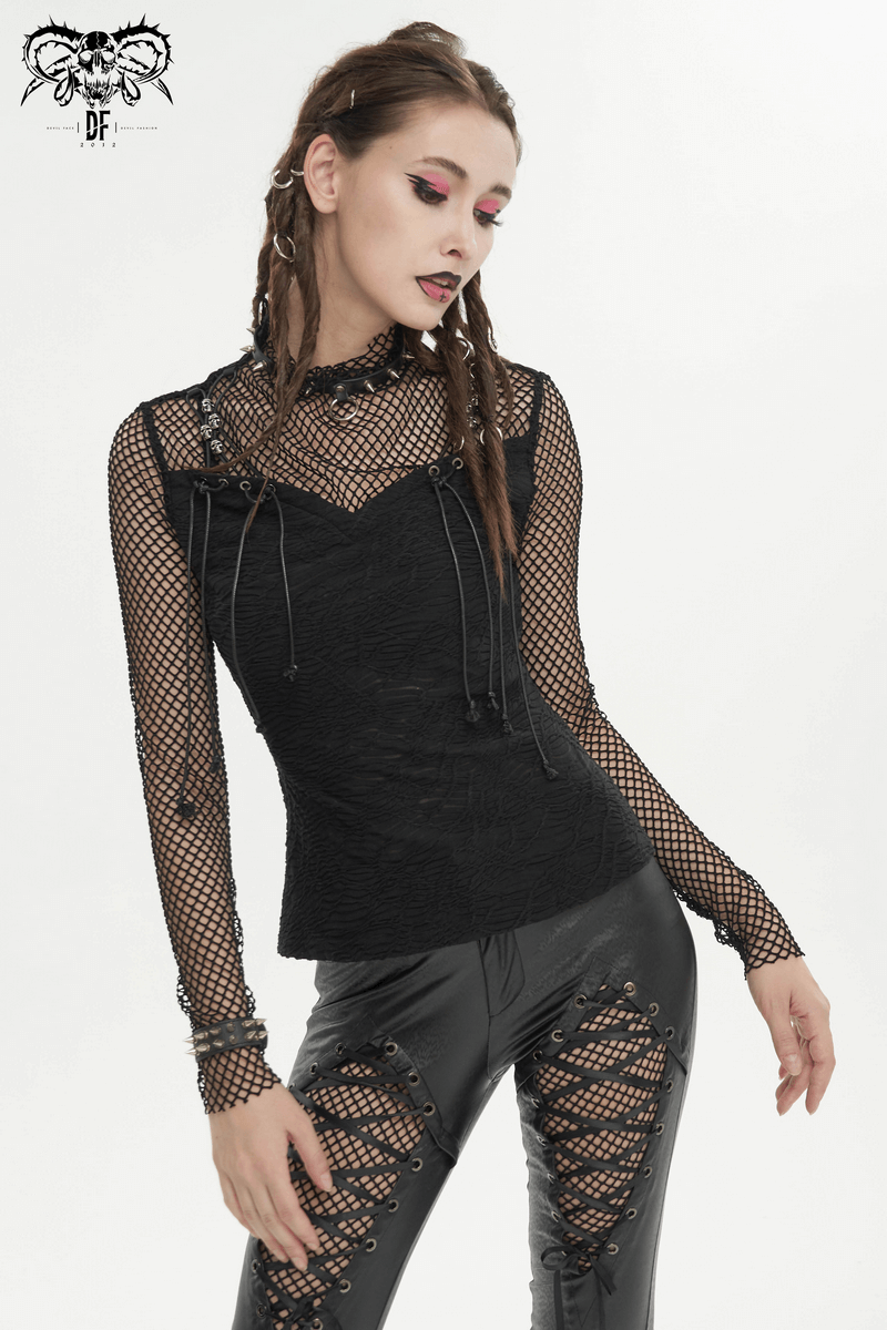Punk skull drawstring top with net details and gothic thumb hole sleeves, perfect for edgy fashion lovers.