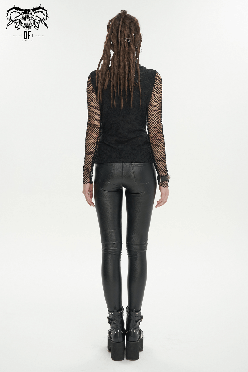 Back view of a model wearing a punk skull drawstring top with net sleeves and sleek black leggings, showcasing edgy style.