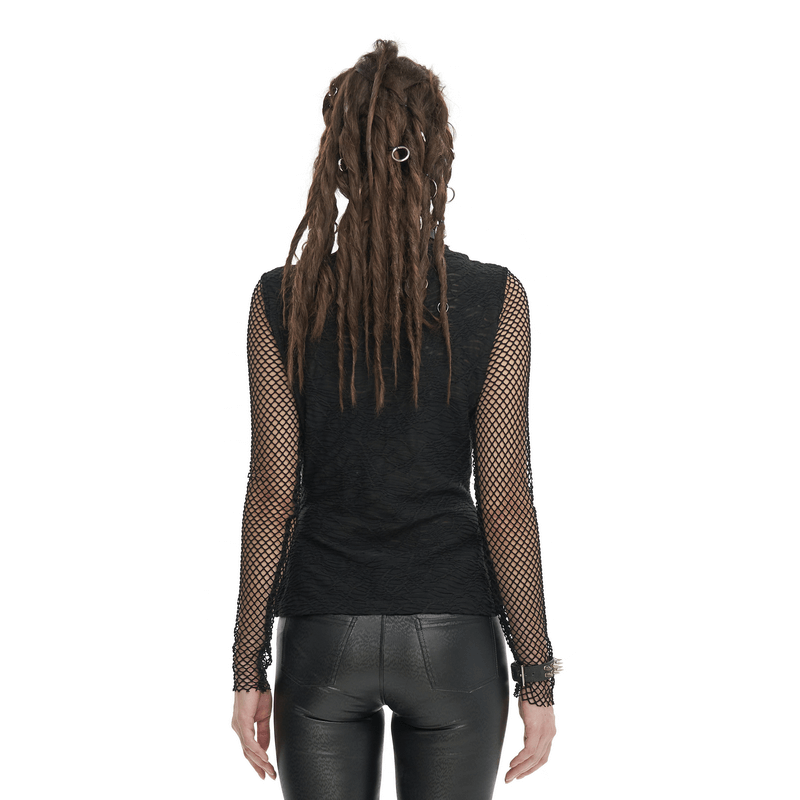 Back view of a punk skull drawstring top with net details and gothic thumb hole sleeves, styled with black pants.