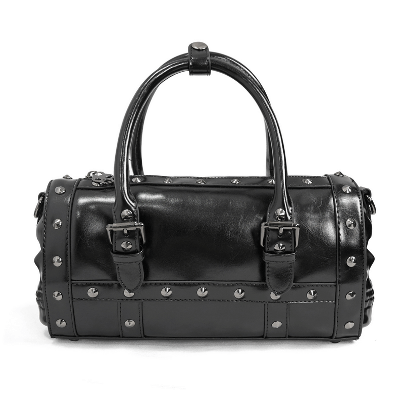 Punk Skull Rivets PU Leather Bag / Gothic Black Handbag with Detachable Shoulder Strap