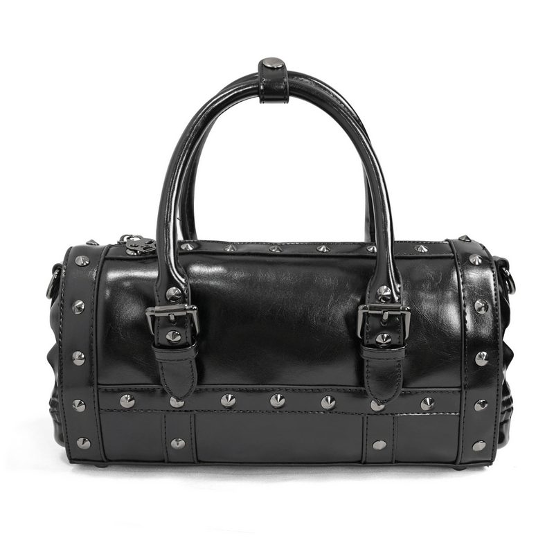 Stylish black PU leather handbag with skull design and rivets, perfect for punk fashion lovers.