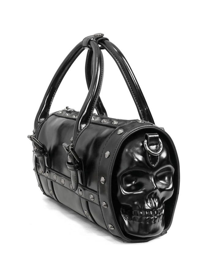 Punk skull rivets PU leather handbag in black, featuring stylish design and detachable shoulder strap.