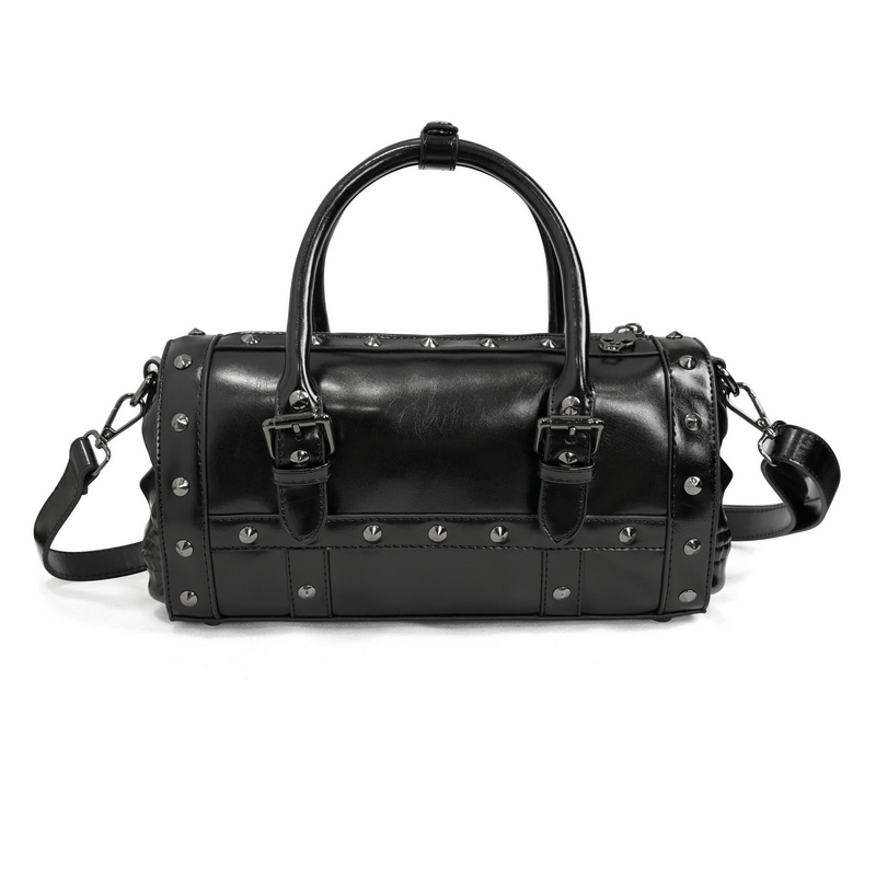 Stylish black PU leather handbag with rivets and detachable strap, perfect for punk fashion lovers.