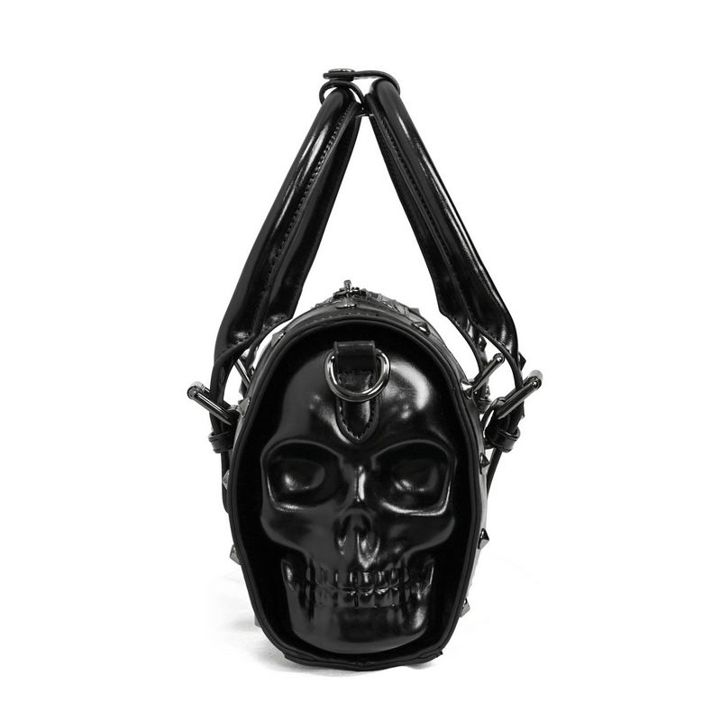 Black PU leather handbag featuring a striking skull design and rivet accents, perfect for punk style outfits.