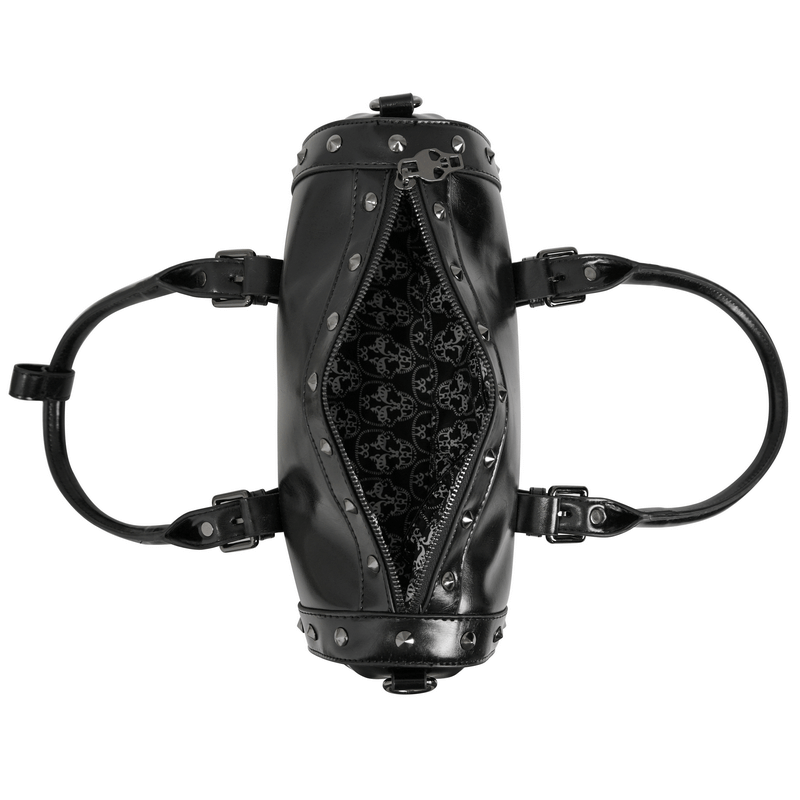 Black PU leather handbag with skull design and rivets, featuring an open zipper and stylish interior pattern.