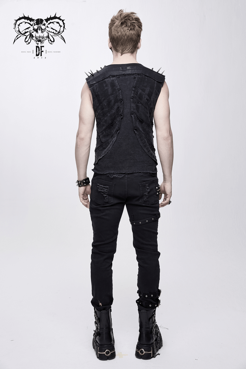 Men's black punk sleeveless top with spikes, showcasing bold alternative fashion style from the back.