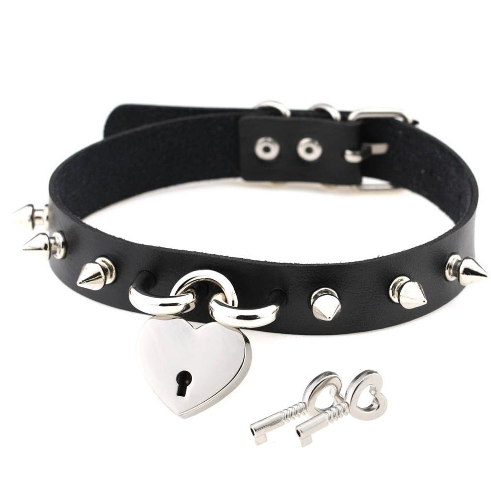Punk spike choker necklace for women, black PU leather collar with heart lock and silver details.