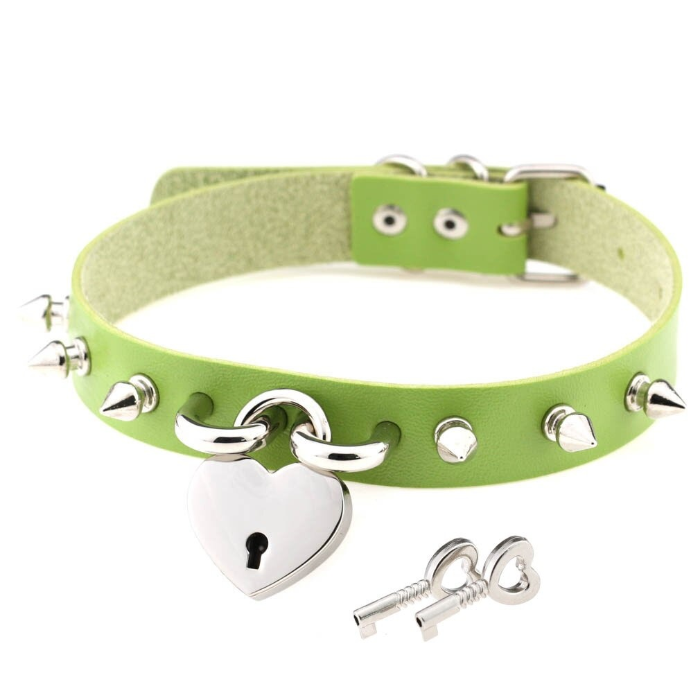 Punk spike choker necklace in vibrant green PU leather with heart lock and key detail for women.