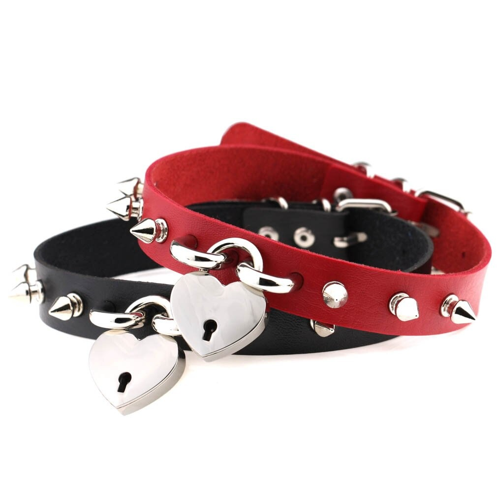 Punk spike choker necklace set in black and red PU leather with heart locks, perfect for gothic and alternative fashion.