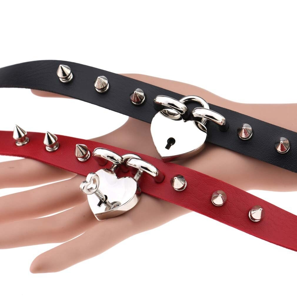 Punk spike choker necklace featuring black and red PU leather collars with heart locks and silver details
