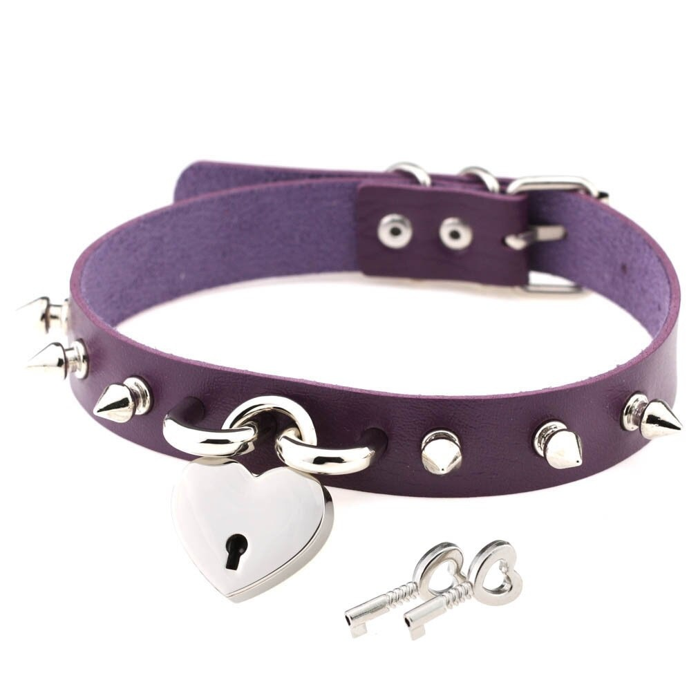 Punk spike choker necklace in purple PU leather with heart lock and silver studs for women.