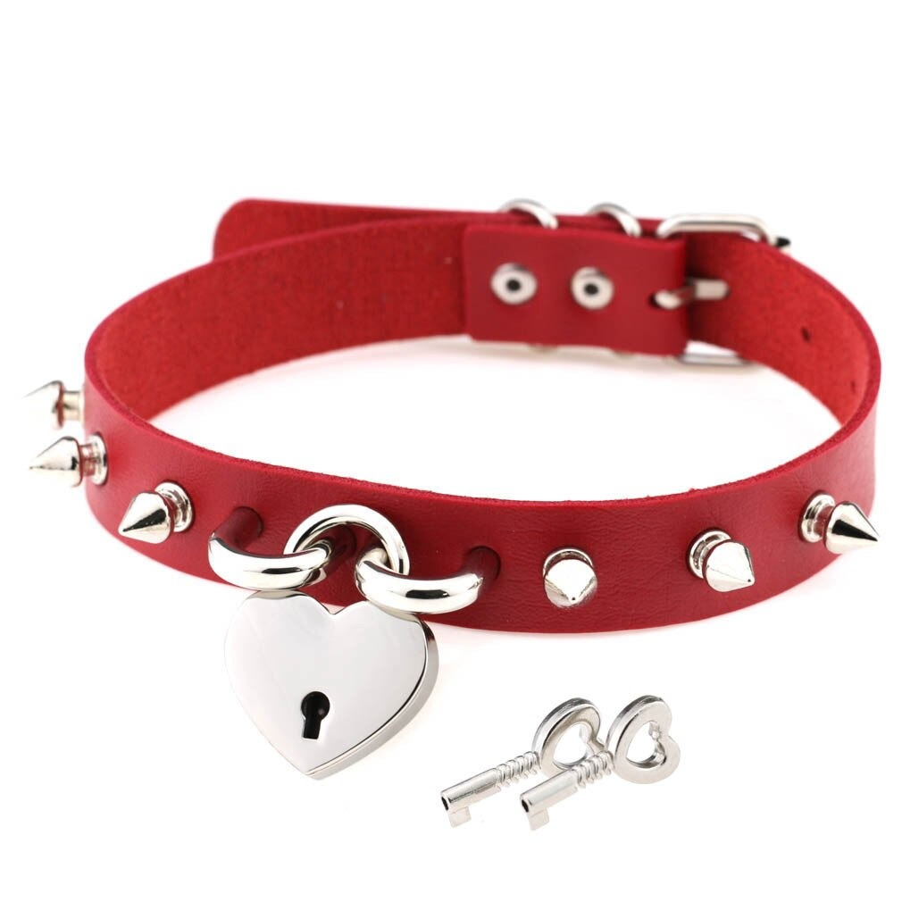 Punk spike choker necklace for women, red PU leather collar with heart lock and silver details, edgy fashion accessory.
