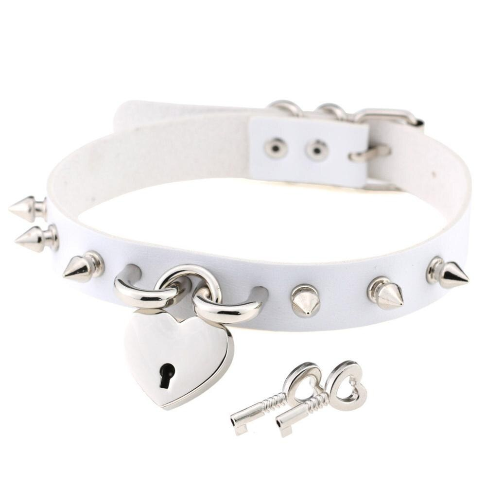 Punk spike choker necklace in white PU leather with heart lock and keys, perfect for edgy fashion styles.