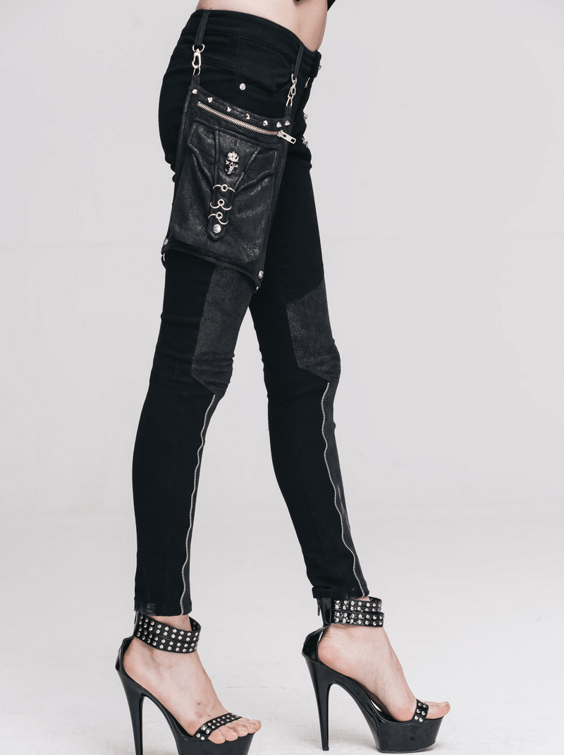 Punk Spliced Pants for Women / Rock Black Trousers With Belt Pocket / Motorcycle Stretchy Pencil Pants - HARD'N'HEAVY