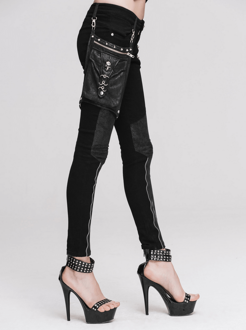Punk Spliced Pants for Women / Rock Black Trousers With Belt Pocket / Motorcycle Stretchy Pencil Pants - HARD'N'HEAVY