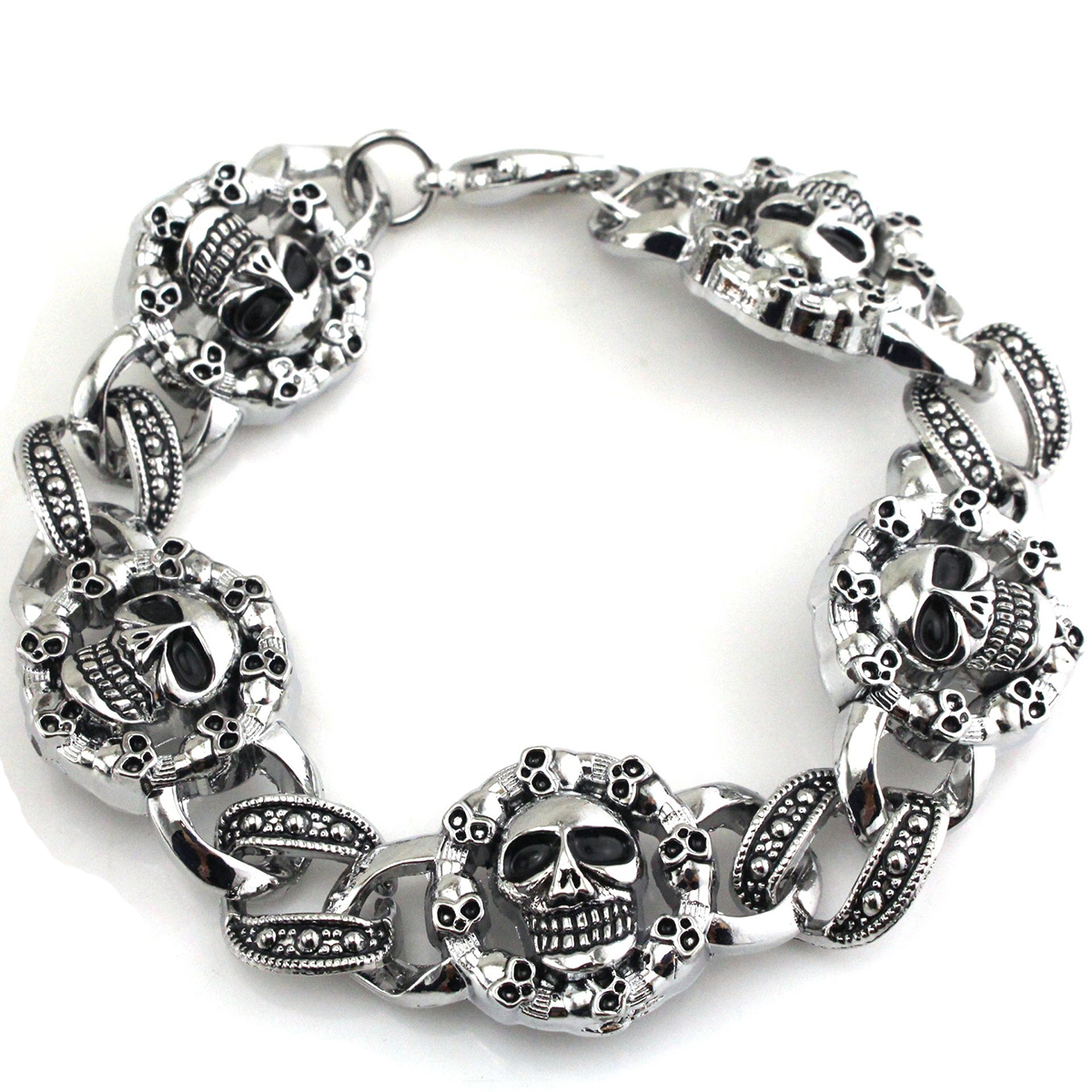 Punk stainless steel skull bracelet for men, featuring gothic double skull heads and a stylish chain design.