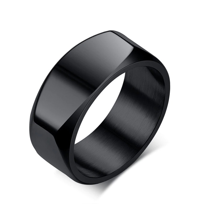 Sleek black stainless steel unisex wedding band ring, perfect for trendy jewelry enthusiasts.