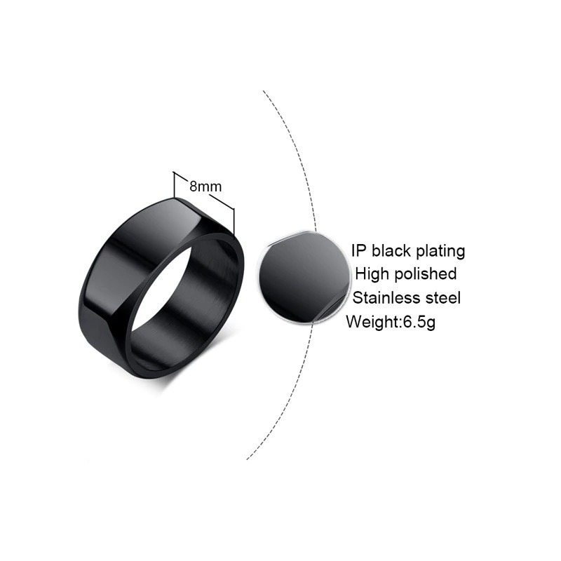 Punk stainless steel black wedding band ring with high polish, 8mm width, trendy unisex fashion jewelry.