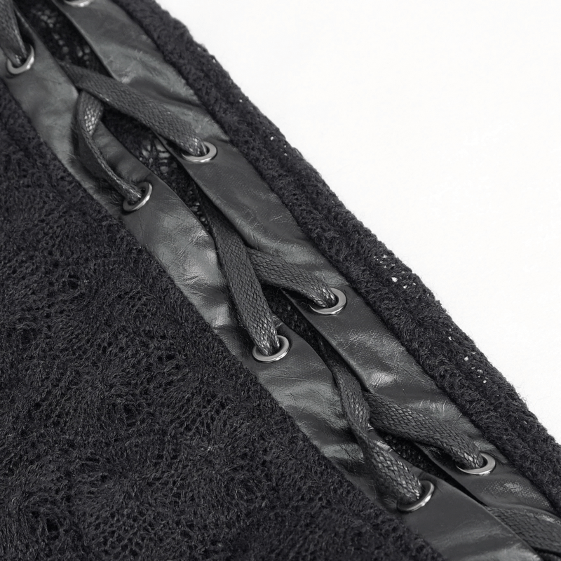 Close-up of punk stitching and lacing detail on a black women's Gothic short top, highlighting alternative fashion style.