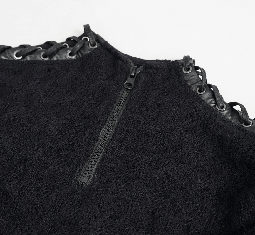Close-up of the black punk top featuring stylish zipper and lace-up detailing for an alternative fashion statement.