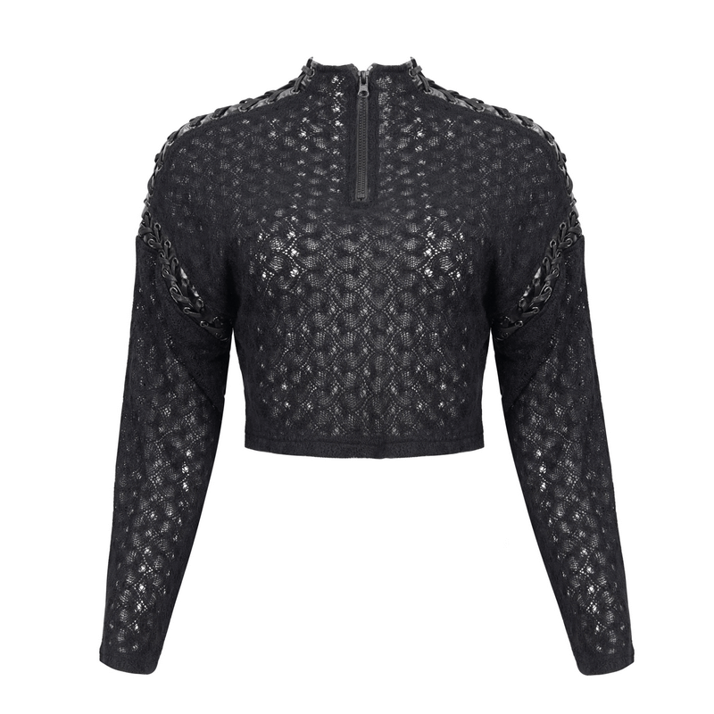 Punk black long sleeve short top with zipper and stylish stitch detailing for alternative fashion.