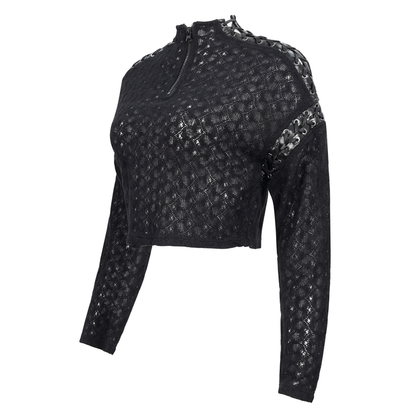 Women's black punk short top with zipper and lace stitching, perfect for alternative fashion enthusiasts.