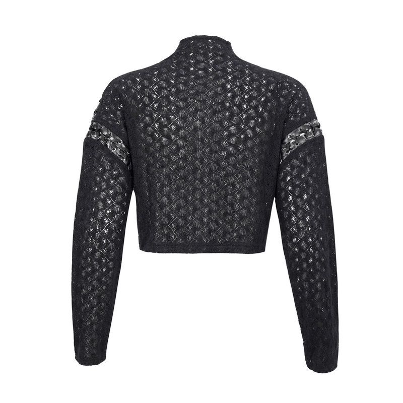 Back view of a black long sleeve cropped top with punk-style stitching and unique design for alternative fashion.