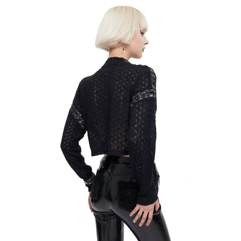 Back view of a gothic women's black long sleeve short top with punk stitching details.