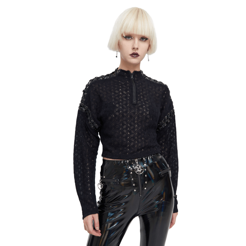 Punk Stitching Zipper Black Top / Gothic Women's Long Sleeves Short Top / Alternative Clothing