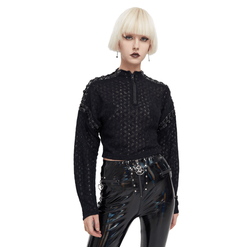Haut noir à fermeture éclair à coutures punk / haut court à manches longues pour femmes gothiques / vêtements alternatifs