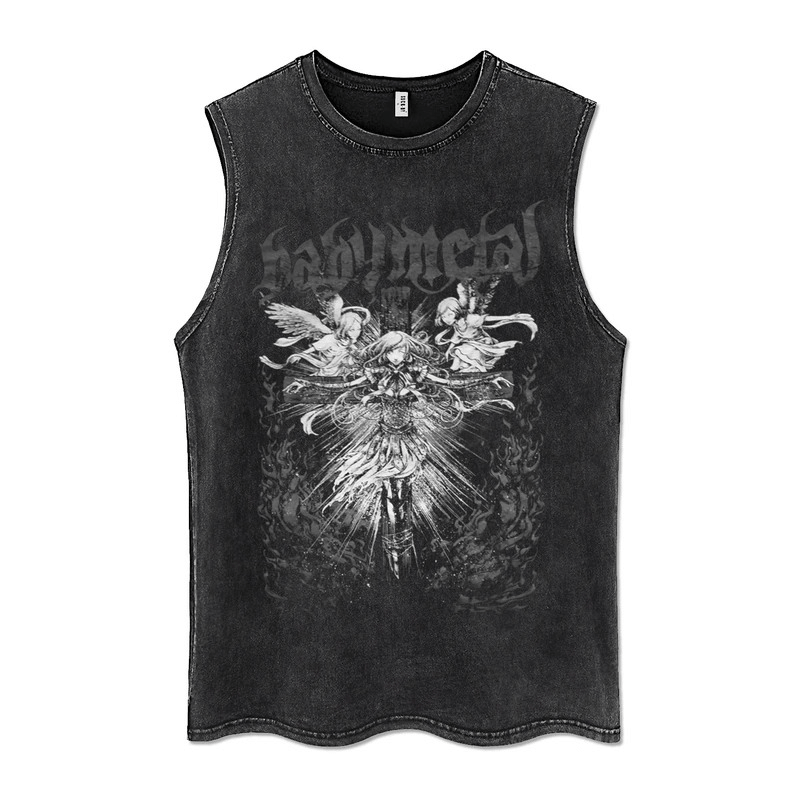 Men's punk style anime graphic tank top with a distressed black design featuring angelic graphics and band logo.