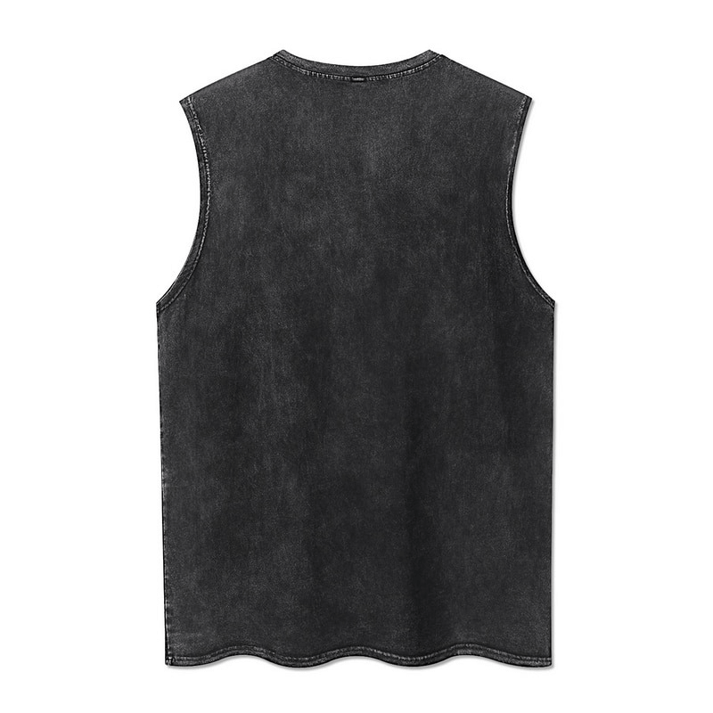 Back view of a men's casual sleeveless punk style anime graphic tank top in distressed black fabric.