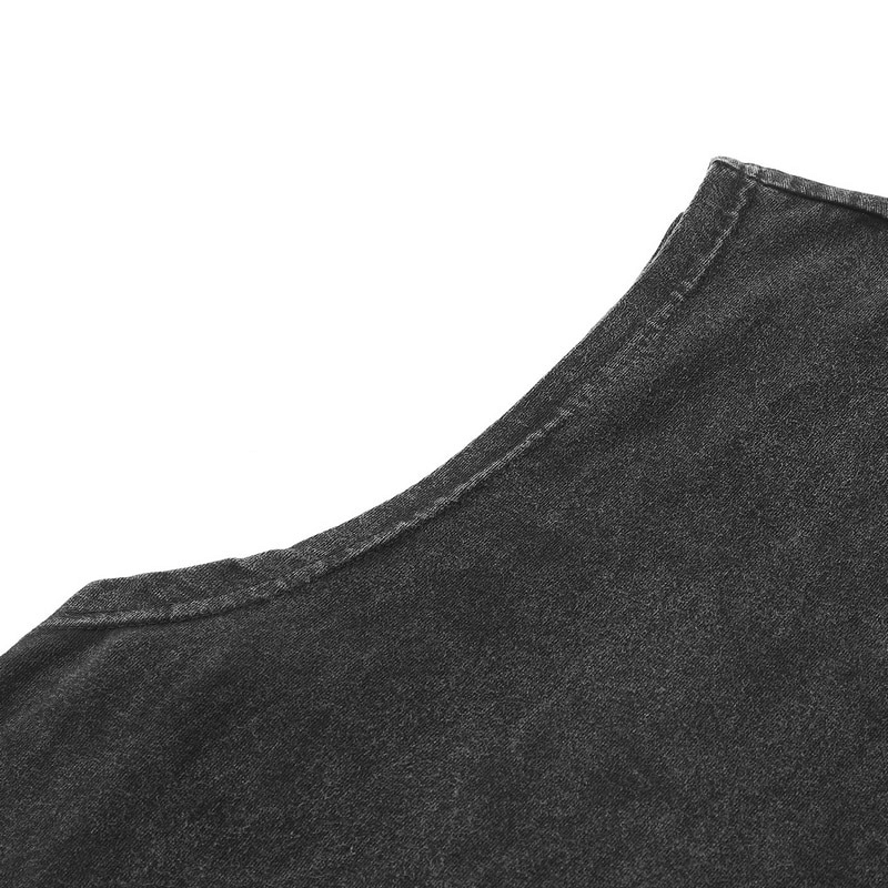 Close-up of the casual punk style tank top's rounded neckline with distressed edges, perfect for a trendy look.