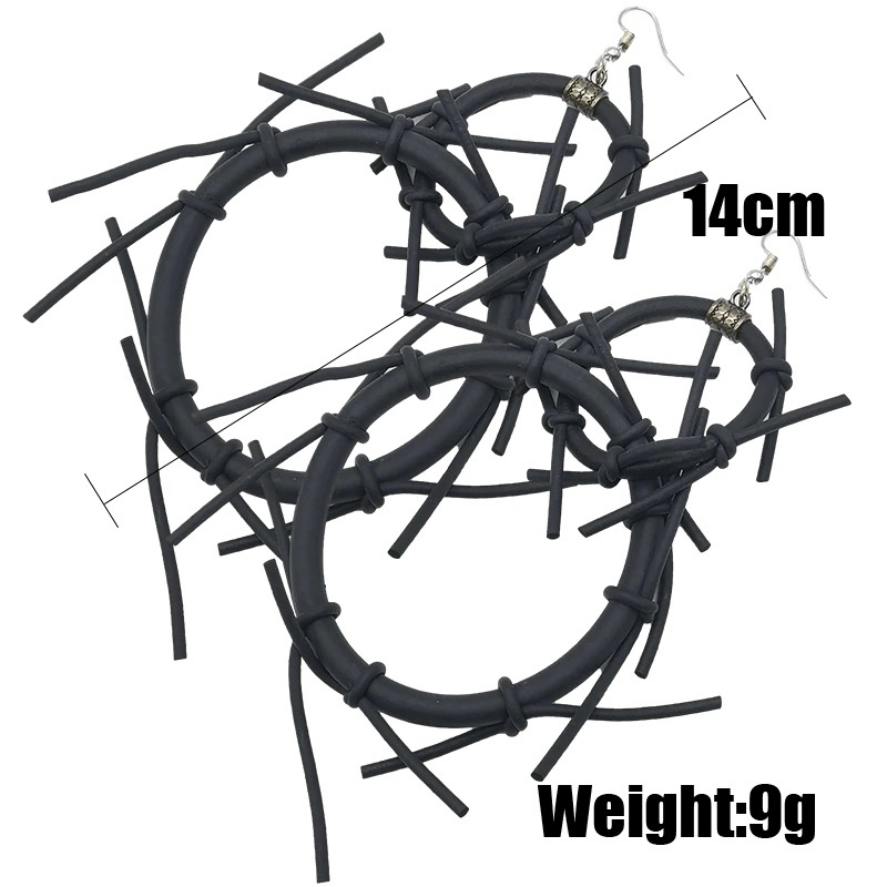 Punk style big handmade black rubber earrings, 14cm diameter, lightweight 9g, perfect accessory for gothic fashion.