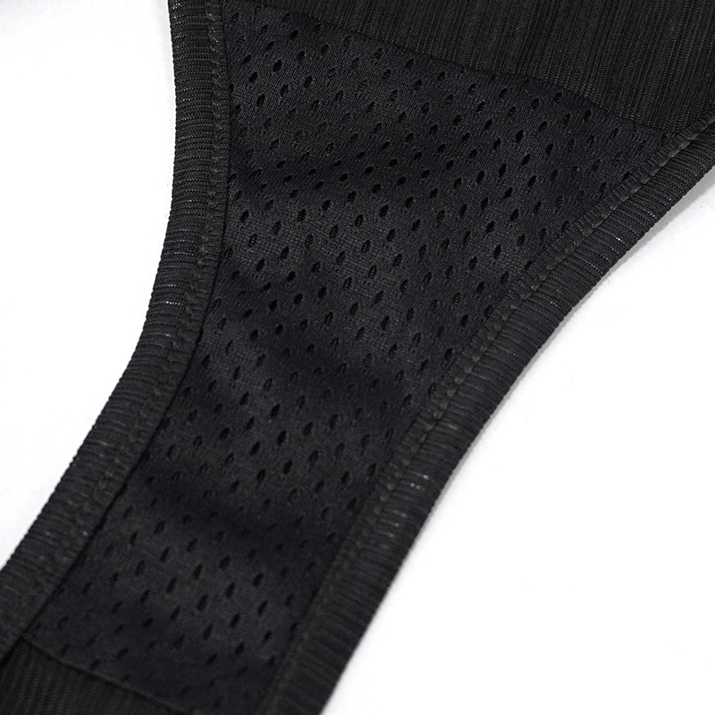 Close-up of punk style black low waist bikini bottom fabric, showcasing breathable mesh design and quality stitching.