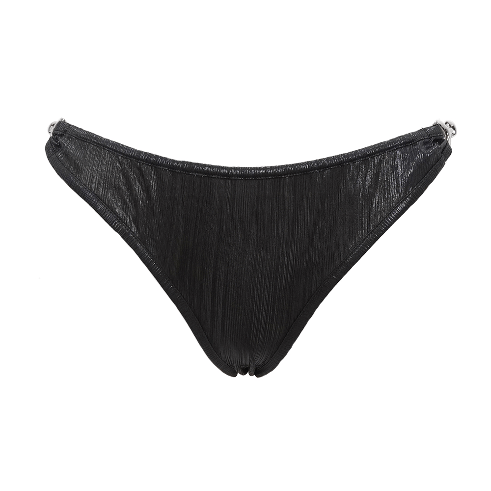 Punk style black shimmer low waist bikini bottom, perfect for adding edgy flair to your swimwear collection.