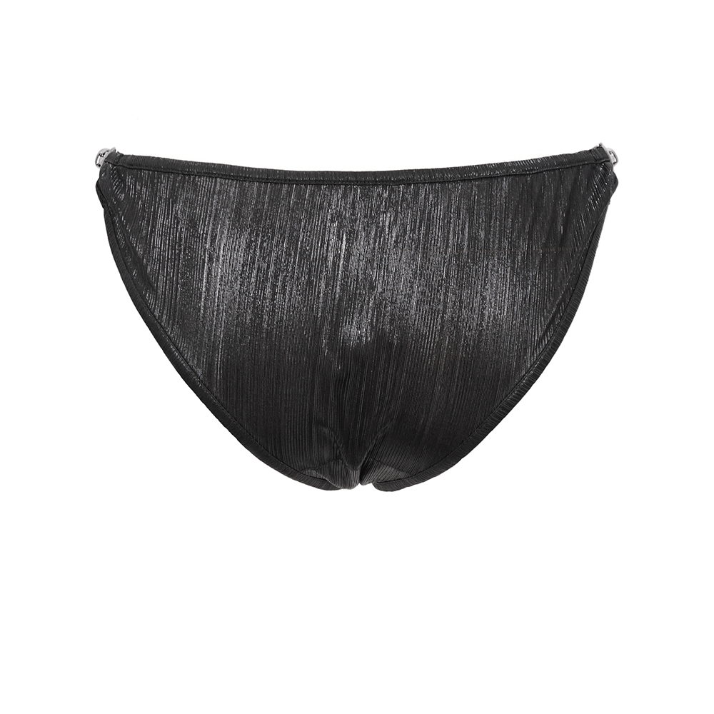 Punk style black low waist bikini bottom, shimmering fabric, perfect for stylish swimwear enthusiasts.