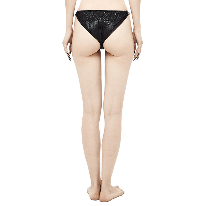 Back view of punk style black low waist bikini bottom, showcasing its shimmer and flattering fit for women.