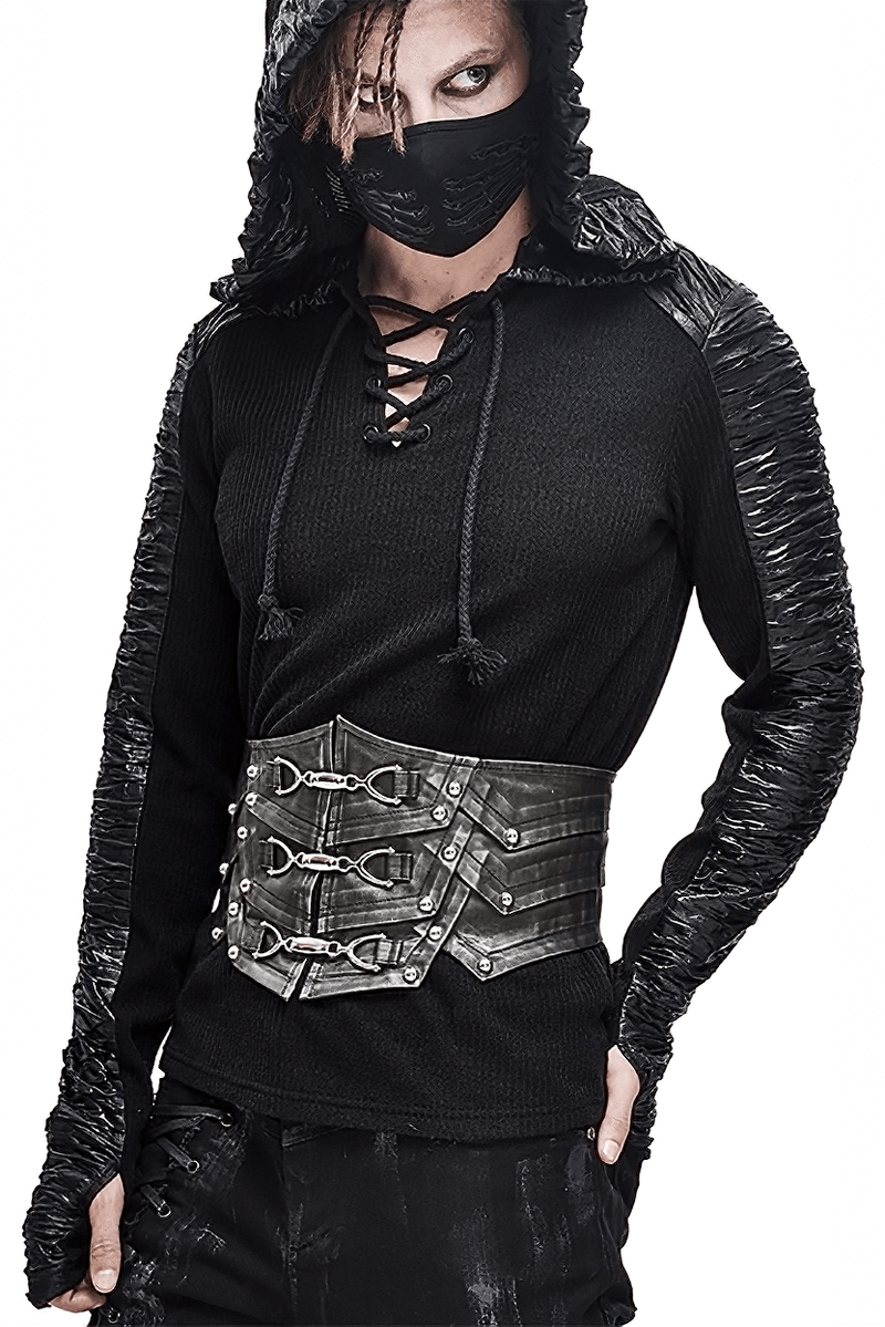 Punk style men's black corset belt with metal buckles, worn over a black hoodie, perfect for vintage outfits.