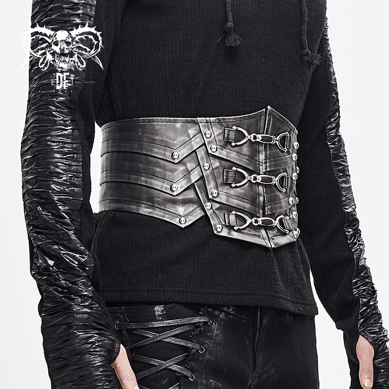 Punk style black PU leather corset belt with metal buckles, perfect for adding a vintage touch to men's fashion.