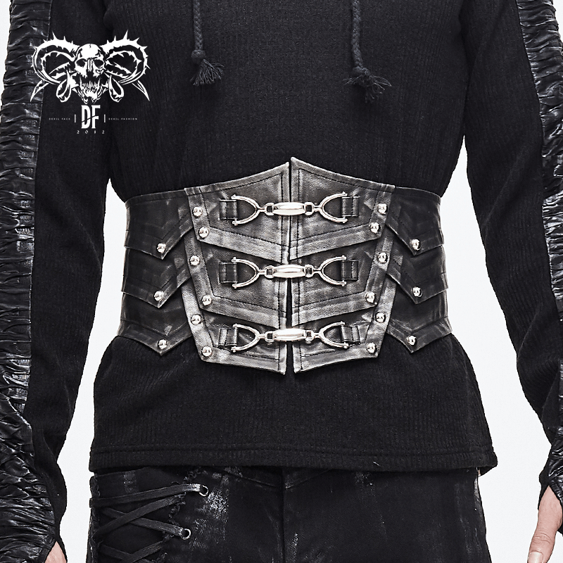 Punk style black PU leather corset belt with metal buckles, perfect vintage accessory for men's outfits.