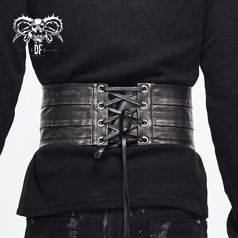 Punk style black PU leather corset belt with metal lacing, perfect vintage accessory for men.