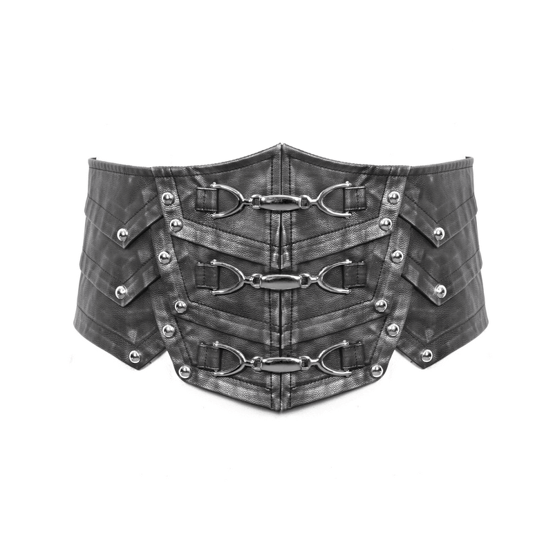 Punk style black PU leather corset belt with metal buckles for men, showcasing vintage design and wide waistband.