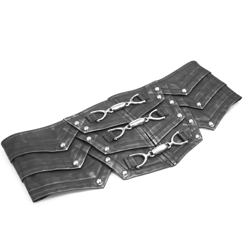Punk style black PU leather corset belt with metal buckles, vintage wide waistband accessory for men.