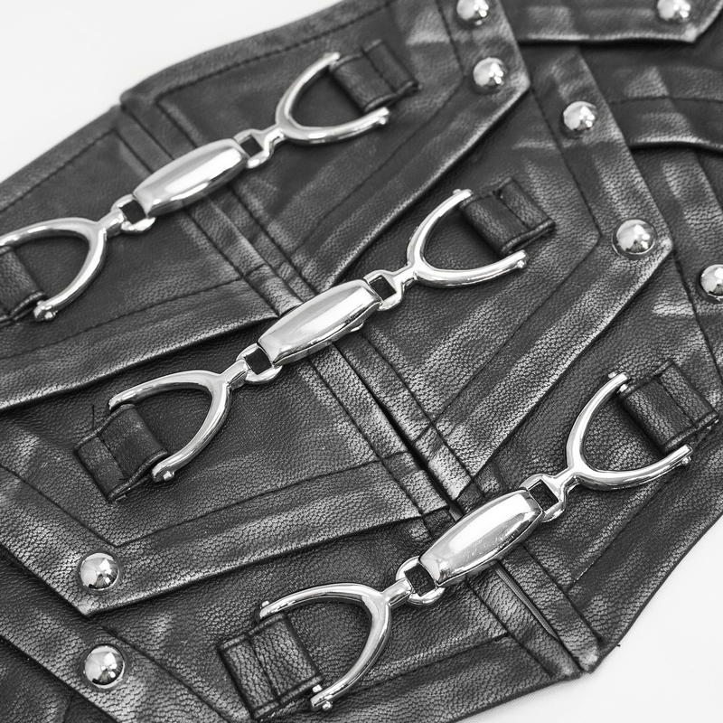 Close-up of Punk Style Black PU Leather Corset with Metal Buckles and Detailed Design for Men.