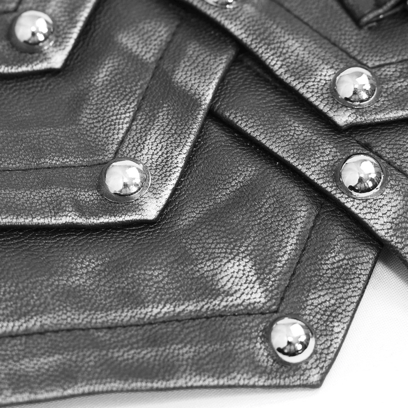 Close-up of a punk style black PU leather belt featuring metal buckles and textured design for vintage flair.