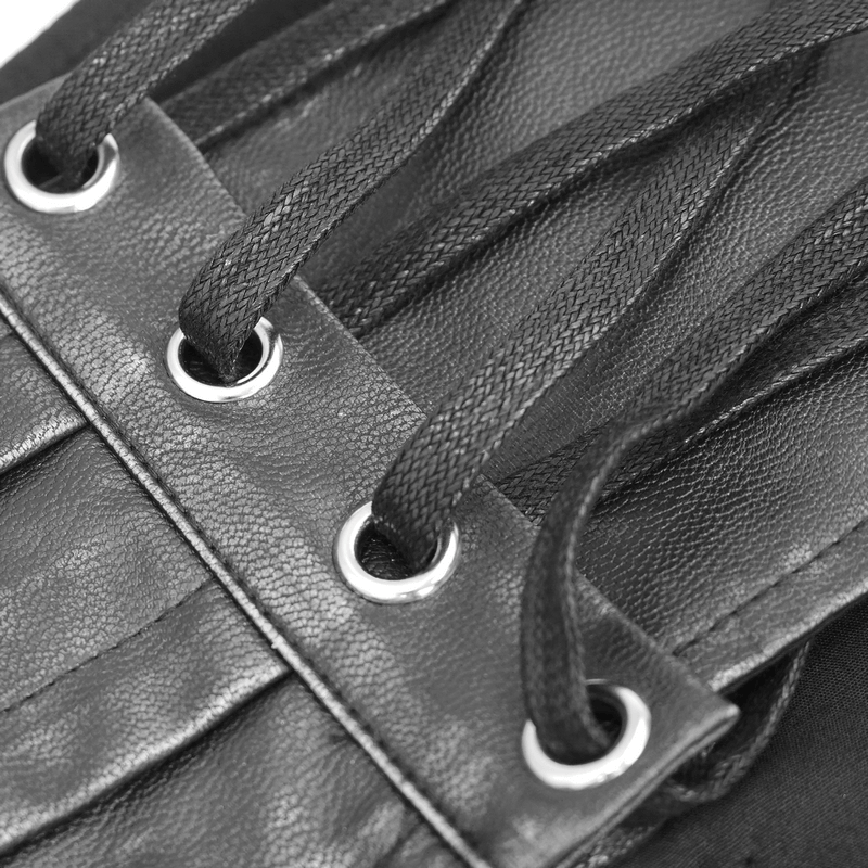 Close-up of punk style black PU leather corset with metal eyelets and lacing for a vintage look.